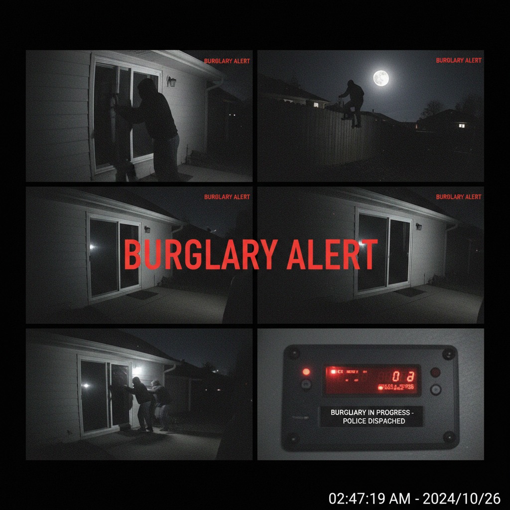 Six security camera frames show a person attempting to break into a house at night, triggering a burglary alert and police dispatch.